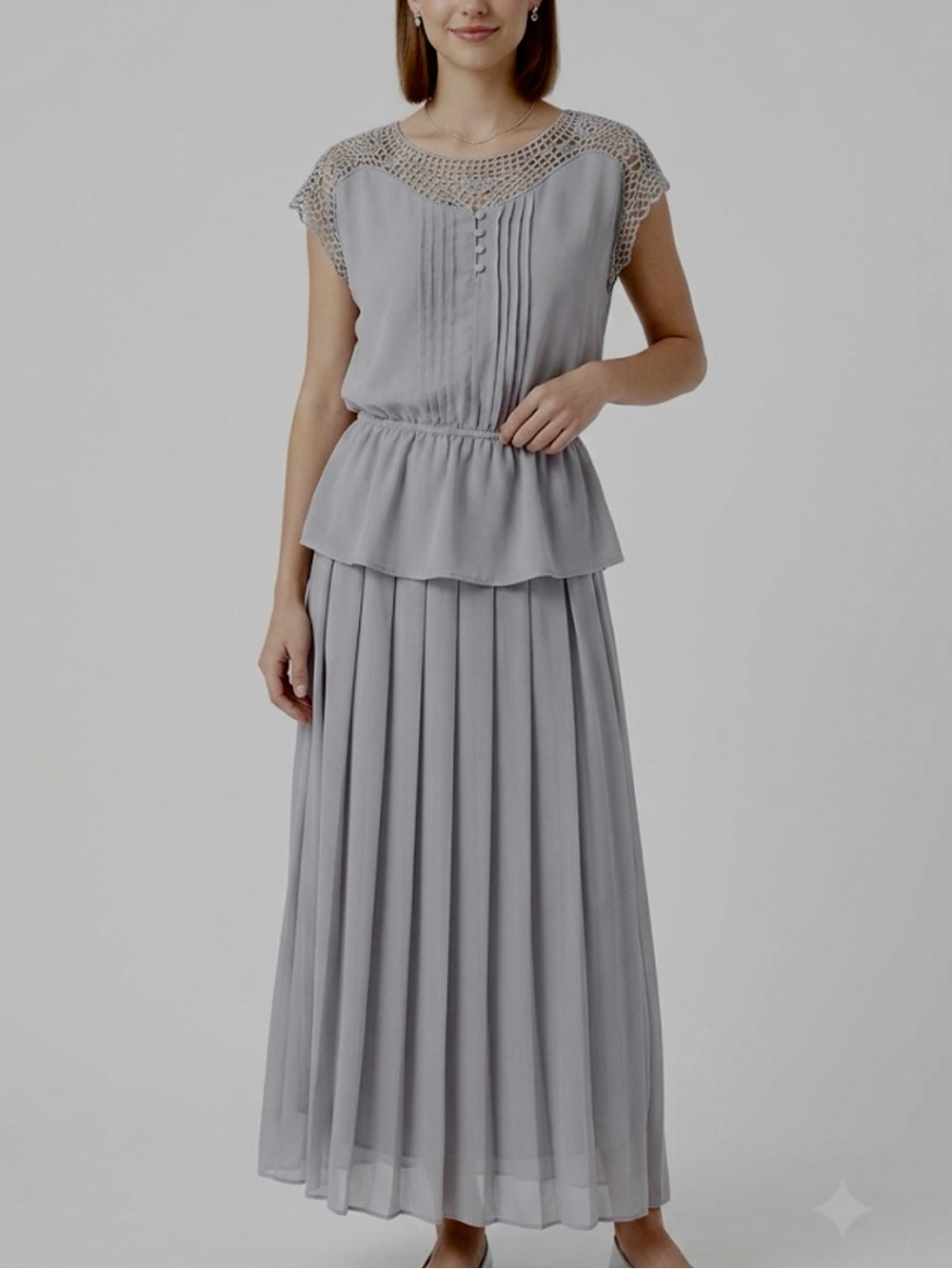 Tea n Rose chiffon plated long skirt and top in grey crochet details siz…